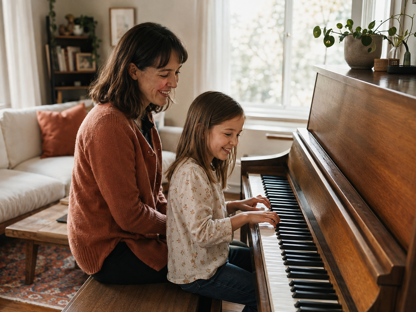 A music teacher and young student smiling together at an upright piano in a bright family home